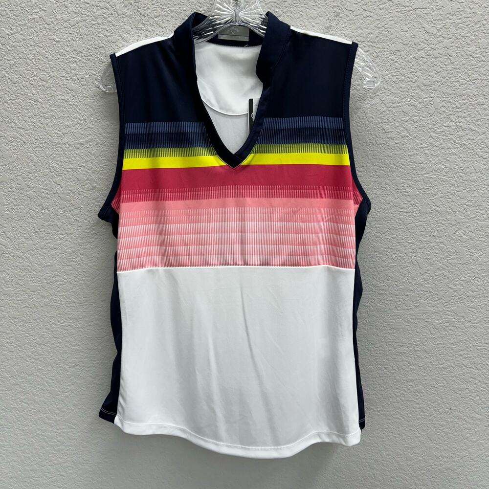 Callaway Shirt Women's Size M White Striped Golf Sleeveless Polo V Neck New